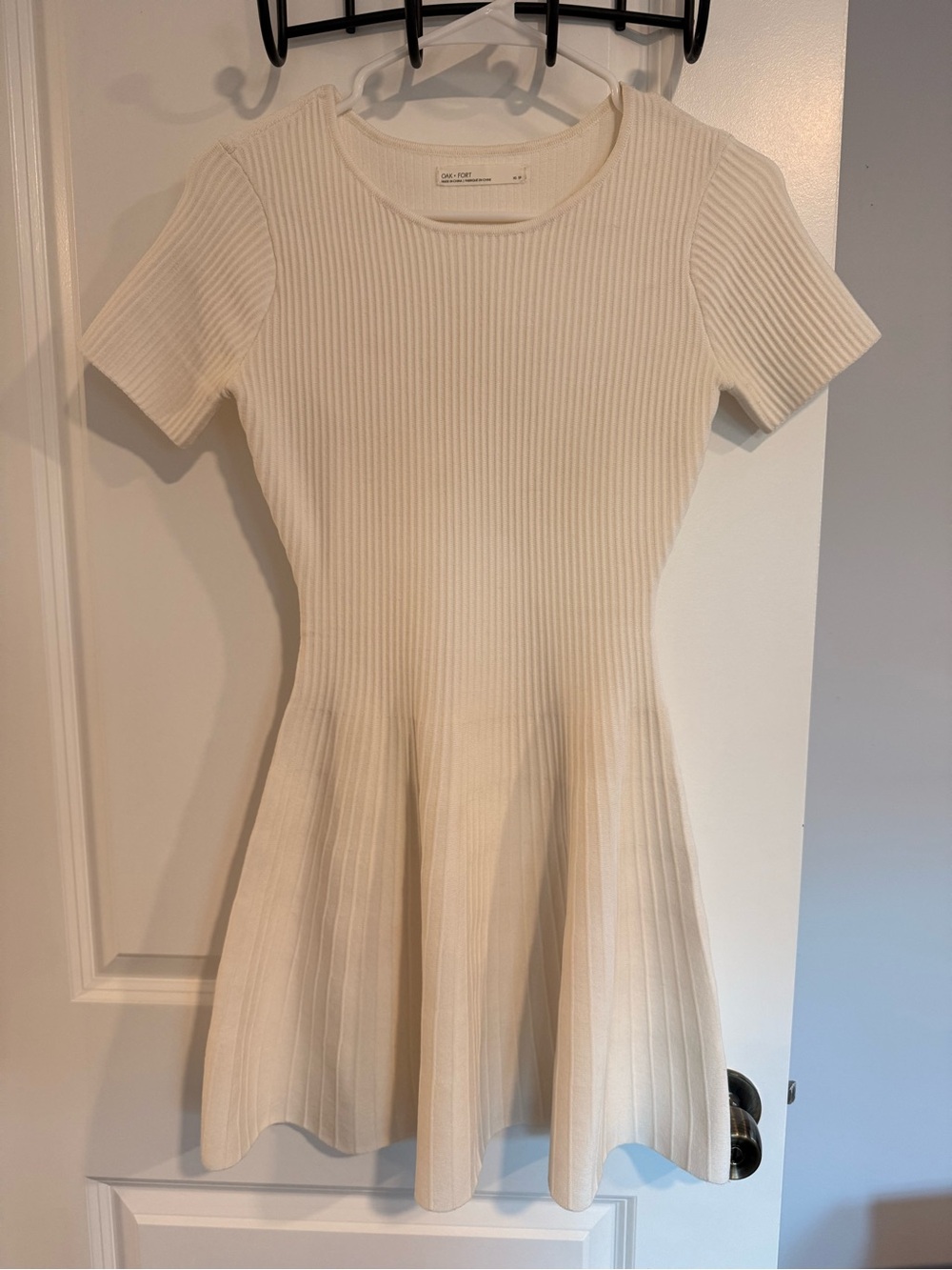 OAK + FORT Cream Ribbed Short-Sleeve Fit & Flare Mini Dress